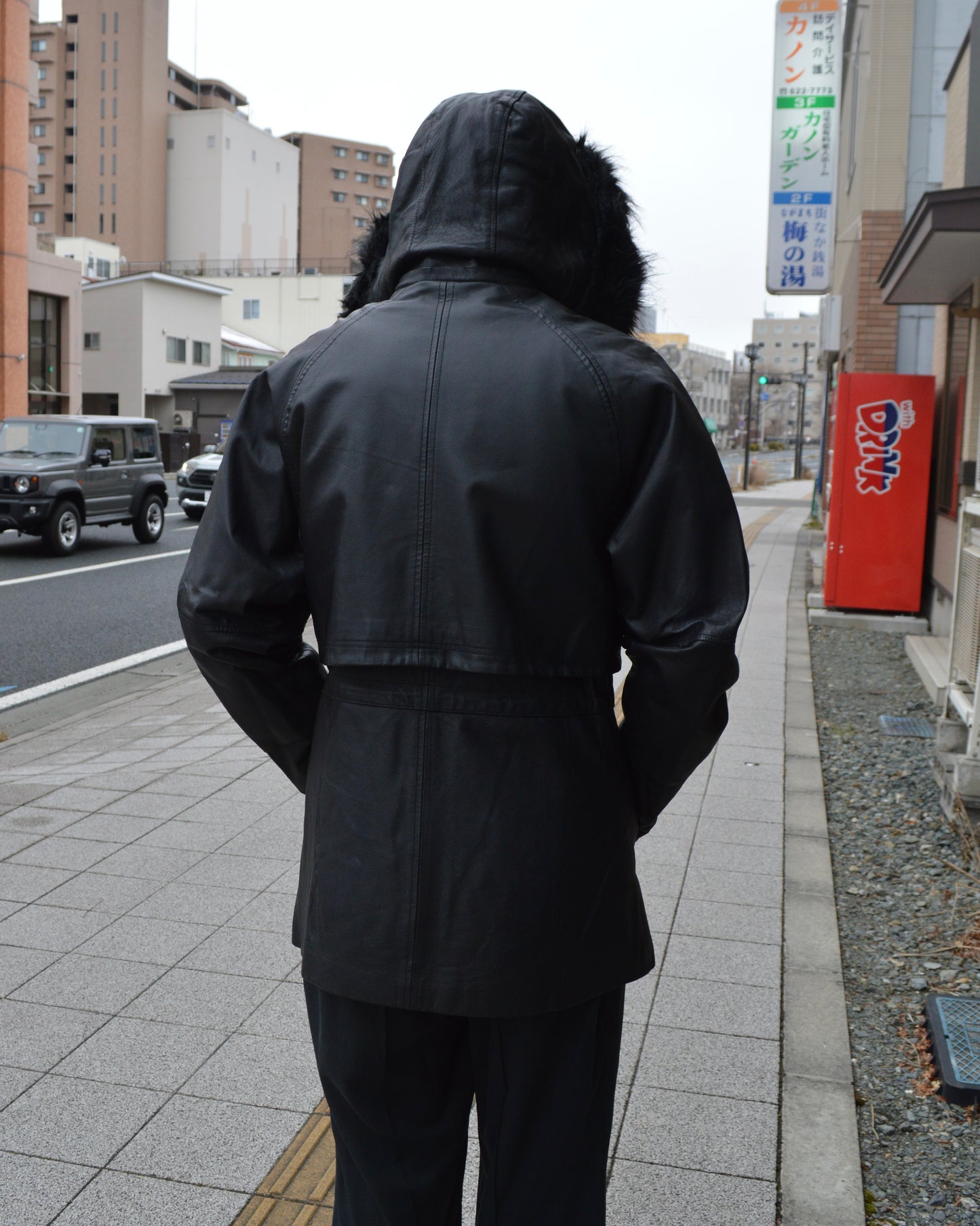 hooded gimmick leather coat