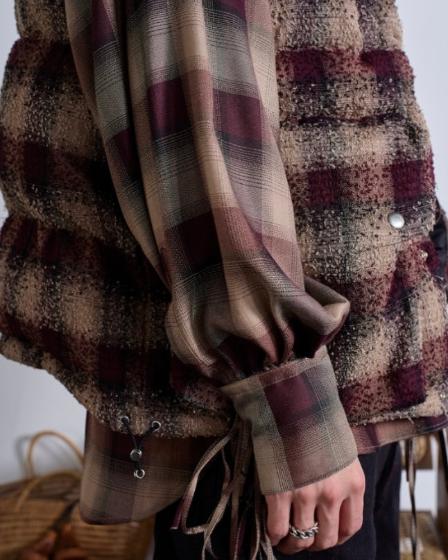 SUGARHILL PLAID PUFFER REVERSIVLE VEST  WINE RED x BLACK