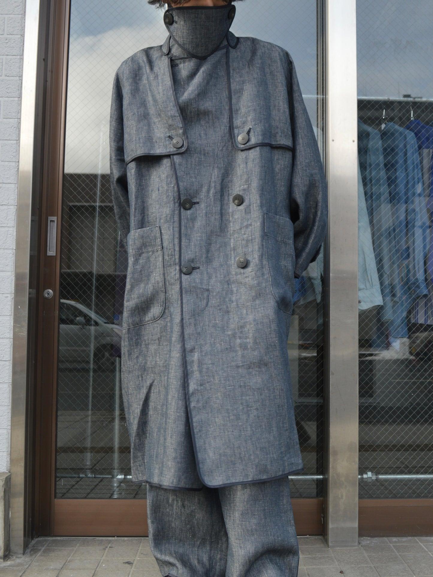 I'm here / with piping : LINEN TRENCH COAT / NAVY