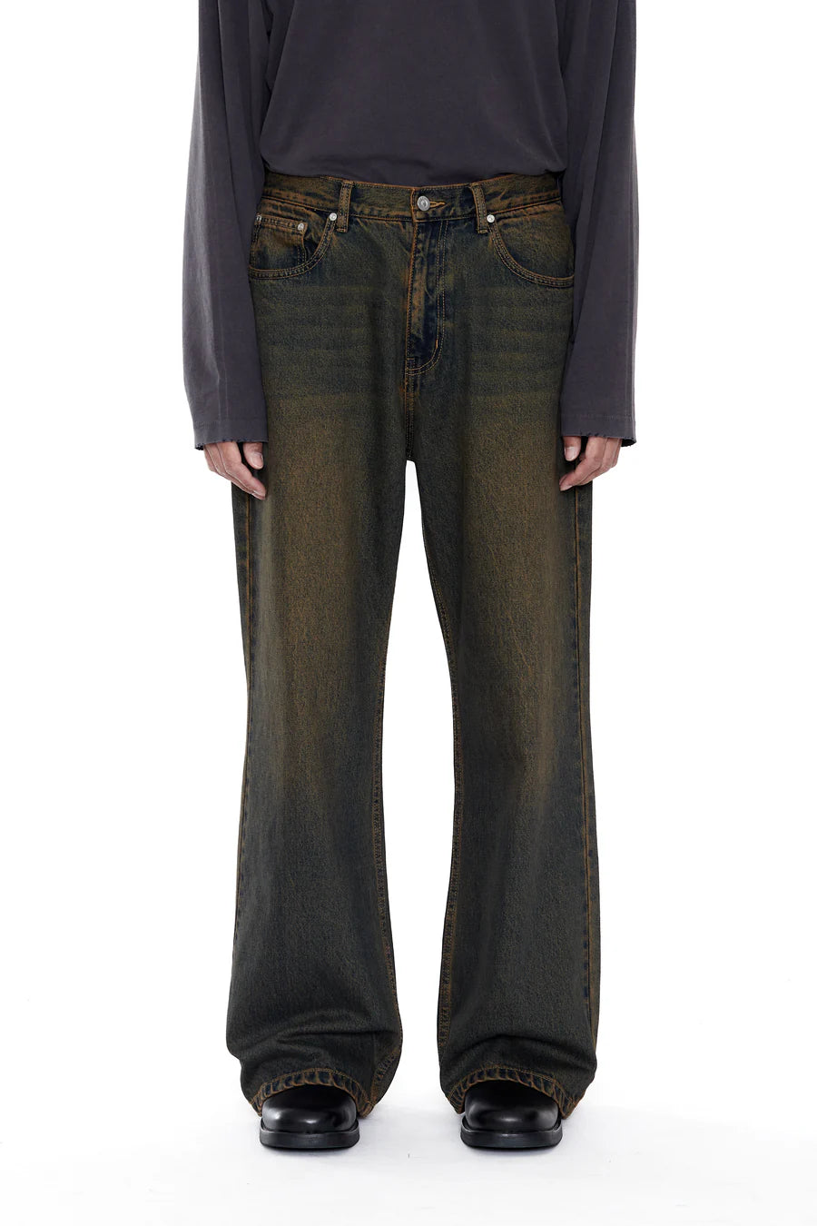 CODA BLACK BROWN WASH BREAK CUT FLARED JEANS