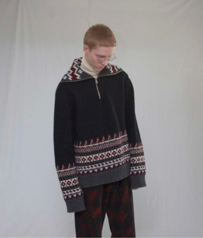 fluss / fairisle half zip crochet color knit