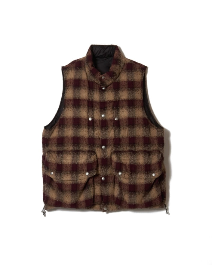 SUGARHILL PLAID PUFFER REVERSIVLE VEST  WINE RED x BLACK