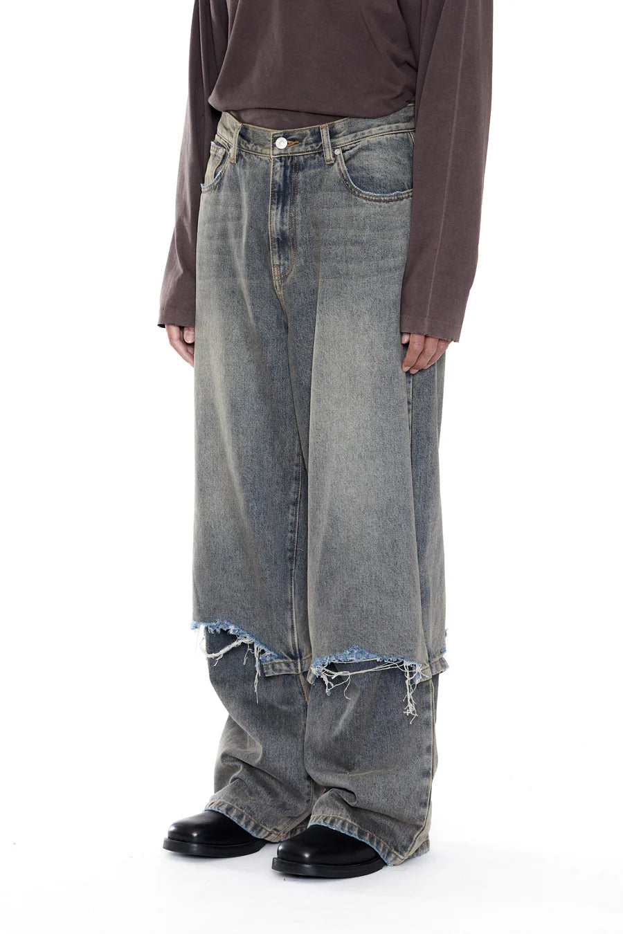 CODA GREY ACID WASH LAYERED HYBRID JEANS
