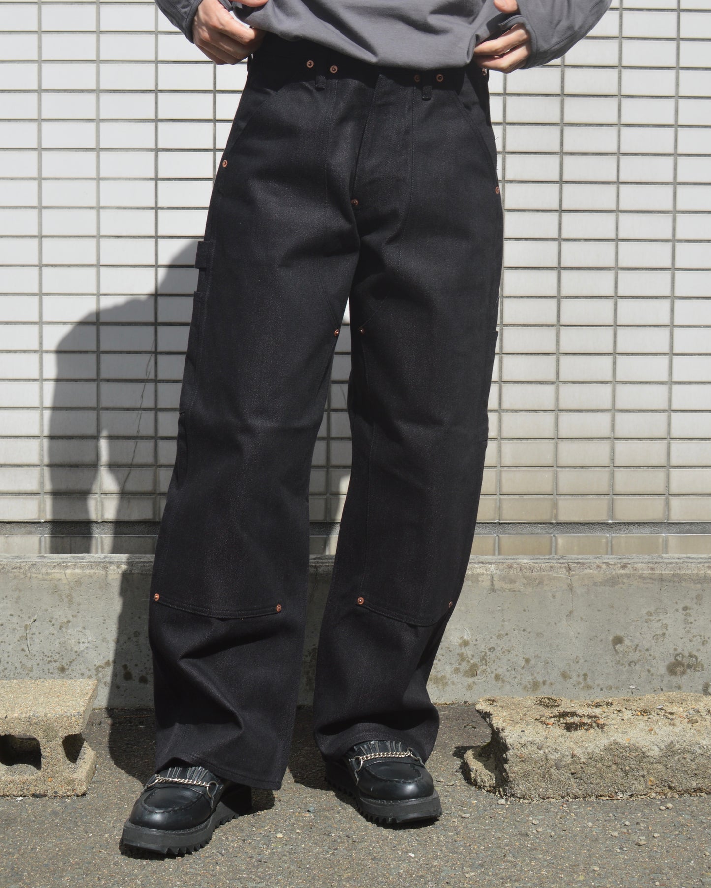 SUGARHILL TWISTED HEATHER DENIM PANTS DOUBLE KNEE  RED x BLACK