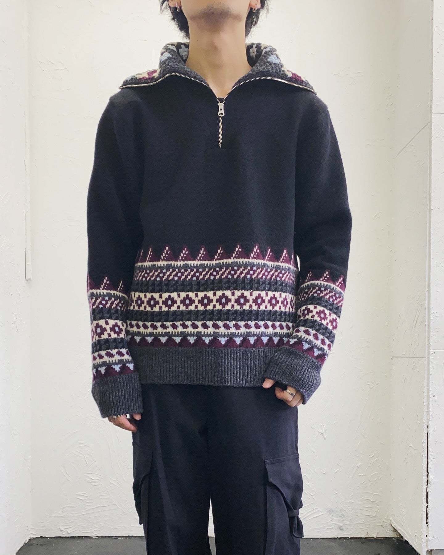 fluss / fairisle half zip crochet color knit