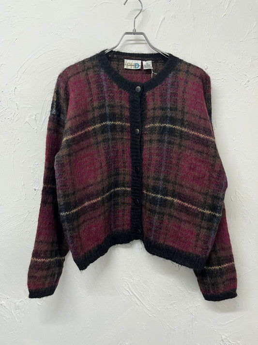 check crew neck mohair cardigan