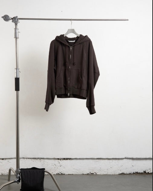 NVRFRGT / PANELLED ZIP UP HOODIE DARK BROWN